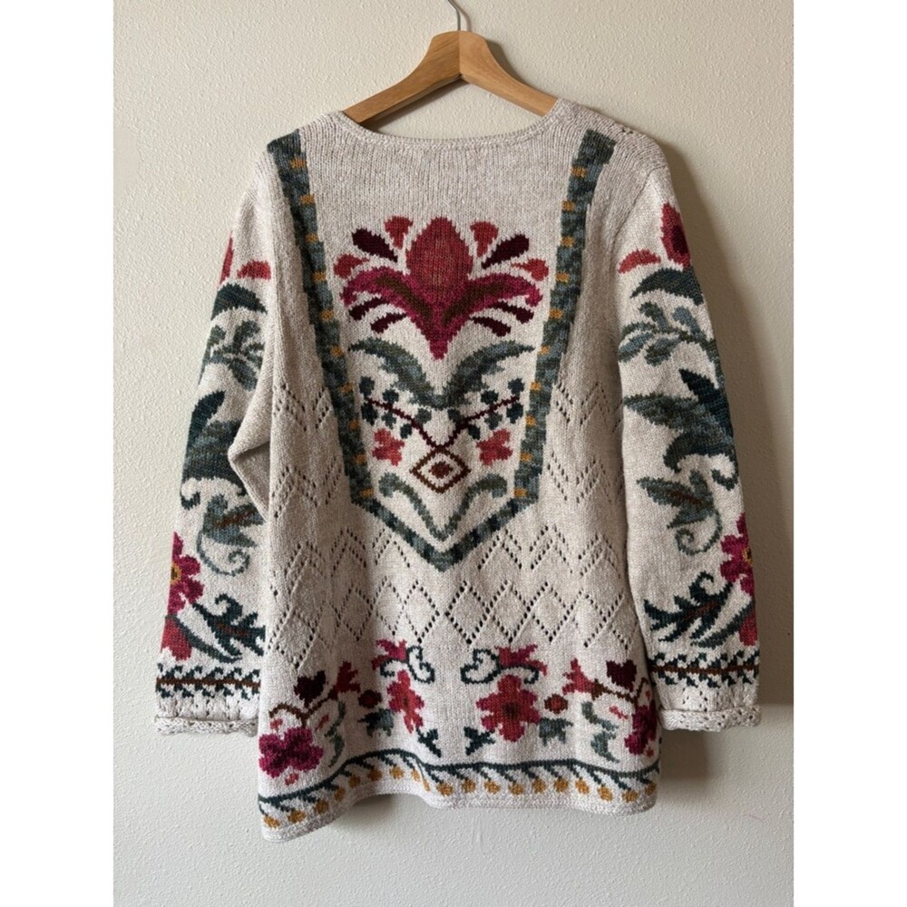 Peruvian Connection Pima Cotton Alpaca Cream Cardigan Sweater Floral Folk Motif